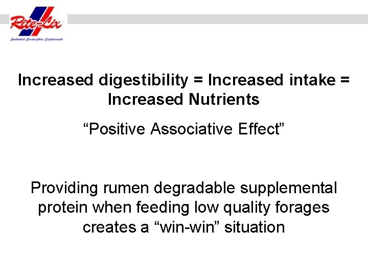 Increased digestibility = Increased intake = Increased Nutrients “Positive Associative Effect” Providing rumen degradable