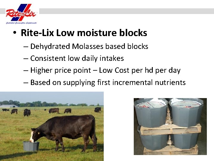  • Rite-Lix Low moisture blocks – Dehydrated Molasses based blocks – Consistent low