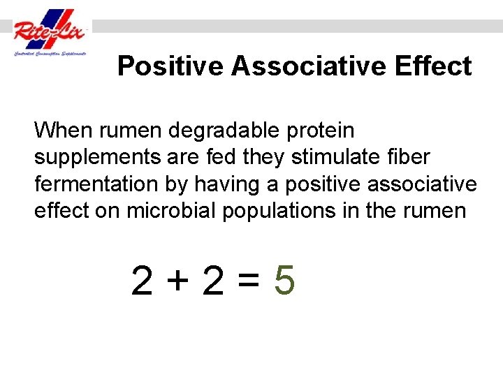 Positive Associative Effect When rumen degradable protein supplements are fed they stimulate fiber fermentation