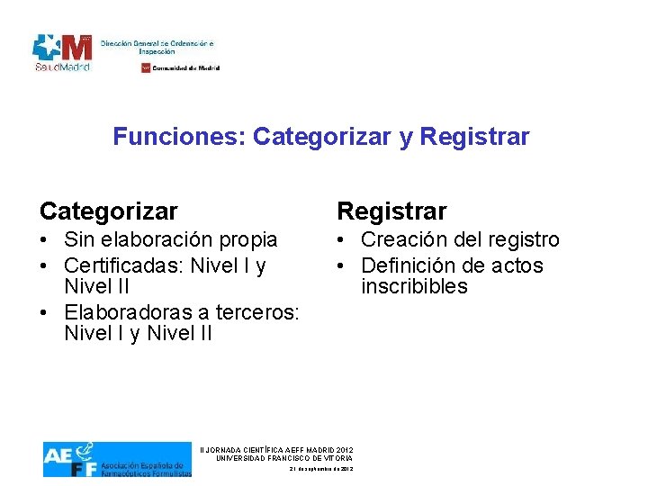 Funciones: Categorizar y Registrar Categorizar Registrar • Sin elaboración propia • Certificadas: Nivel I