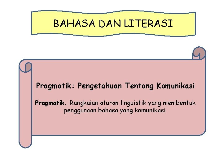 BAHASA DAN LITERASI Pragmatik: Pengetahuan Tentang Komunikasi Pragmatik. Rangkaian aturan linguistik yang membentuk penggunaan