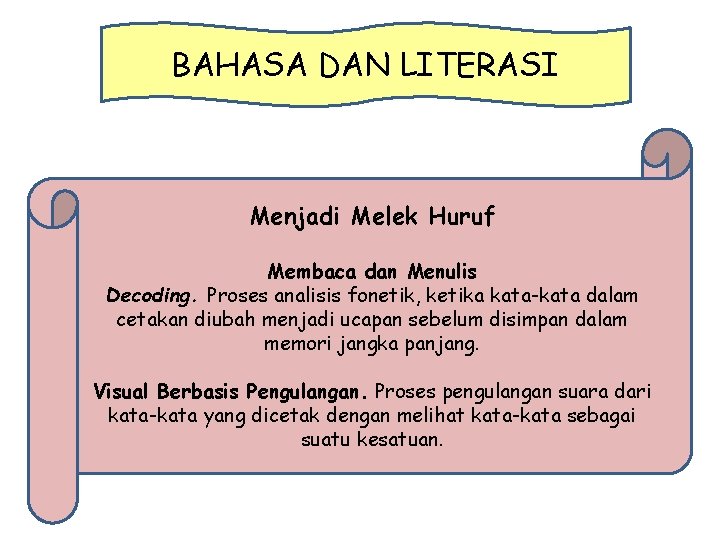 BAHASA DAN LITERASI Menjadi Melek Huruf Membaca dan Menulis Decoding. Proses analisis fonetik, ketika