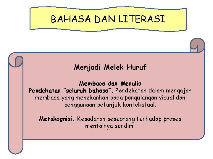 BAHASA DAN LITERASI Menjadi Melek Huruf Membaca dan Menulis Pendekatan “seluruh bahasa”. Pendekatan dalam