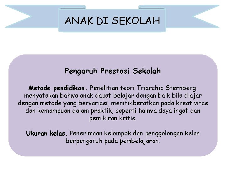 ANAK DI SEKOLAH Pengaruh Prestasi Sekolah Metode pendidikan. Penelitian teori Triarchic Sternberg, menyatakan bahwa