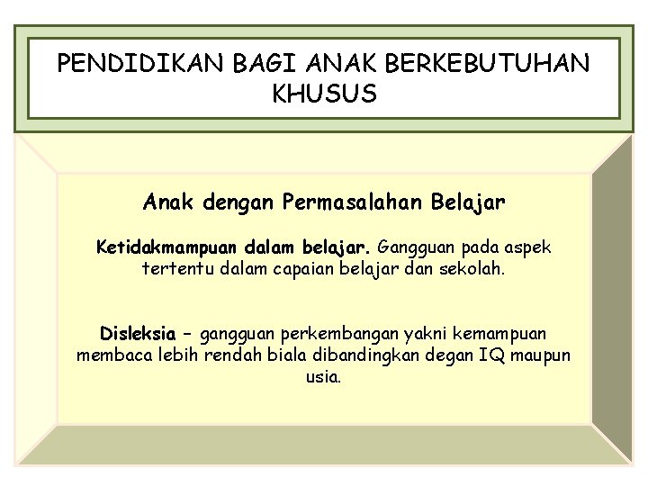 PENDIDIKAN BAGI ANAK BERKEBUTUHAN KHUSUS Anak dengan Permasalahan Belajar Ketidakmampuan dalam belajar. Gangguan pada