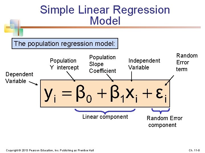 Simple Linear Regression Model The population regression model: Population Y intercept Dependent Variable Population