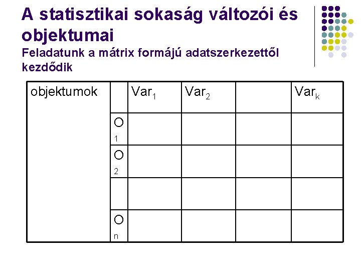 A statisztikai sokaság változói és objektumai Feladatunk a mátrix formájú adatszerkezettől kezdődik objektumok Var