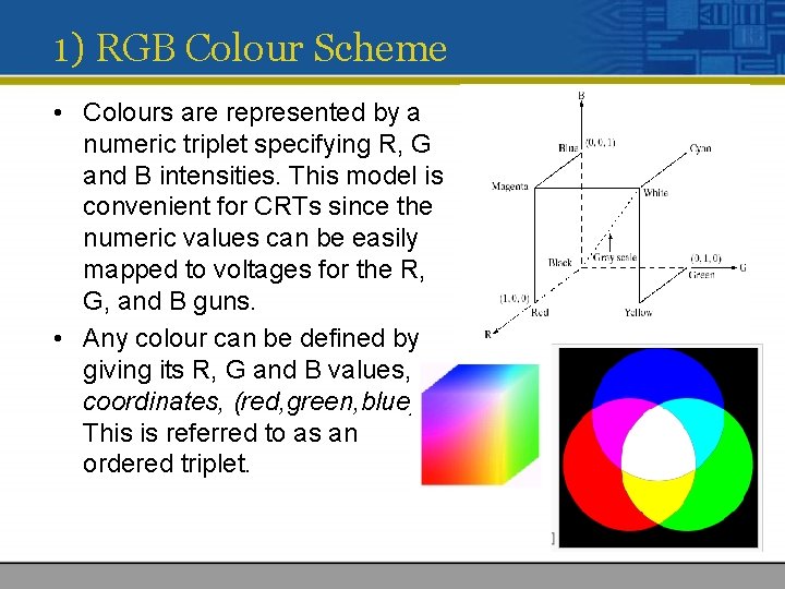 1) RGB Colour Scheme • Colours are represented by a numeric triplet specifying R,