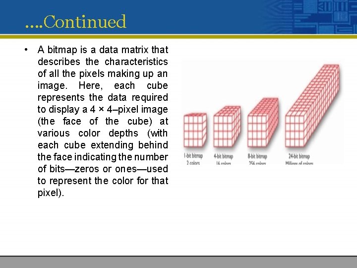 …. Continued • A bitmap is a data matrix that describes the characteristics of
