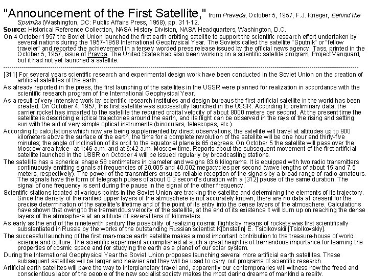 "Announcement of the First Satellite, " from Pravada, October 5, 1957, F. J. Krieger,