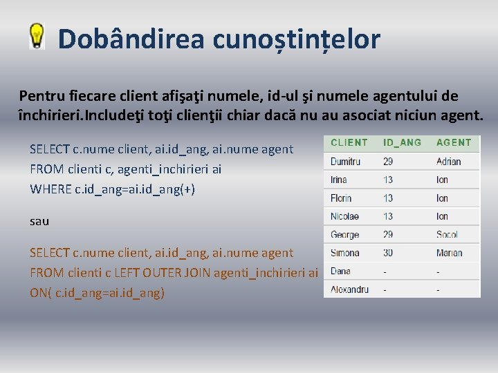 Dobândirea cunoștințelor Pentru fiecare client afişaţi numele, id-ul şi numele agentului de închirieri. Includeţi