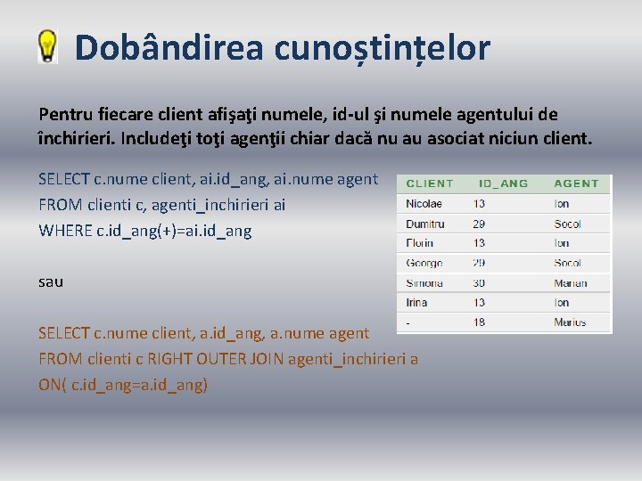 Dobândirea cunoștințelor Pentru fiecare client afişaţi numele, id-ul şi numele agentului de închirieri. Includeţi