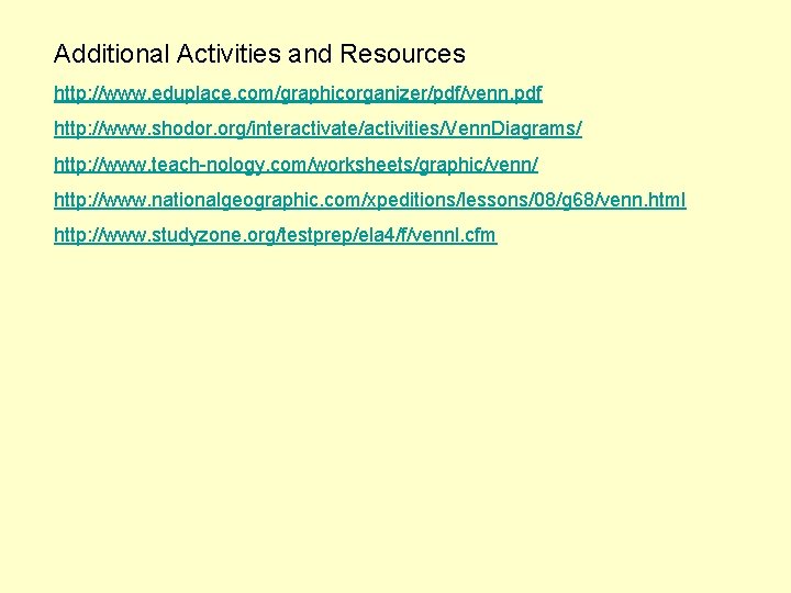 Additional Activities and Resources http: //www. eduplace. com/graphicorganizer/pdf/venn. pdf http: //www. shodor. org/interactivate/activities/Venn. Diagrams/