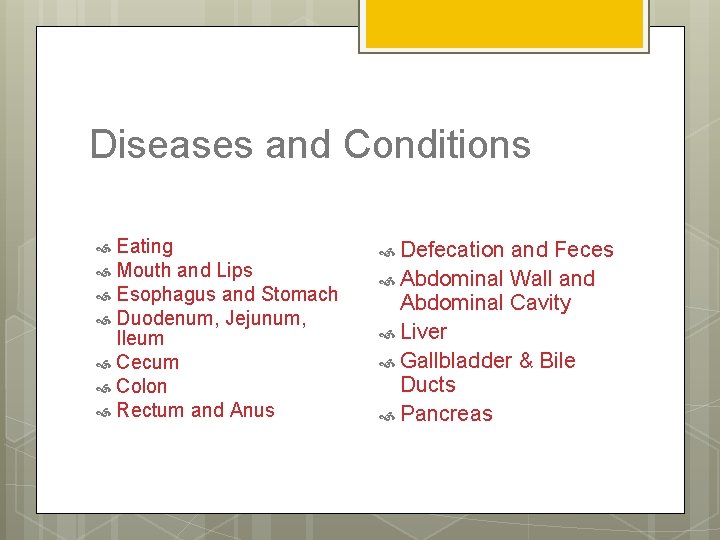 Diseases and Conditions Eating Mouth and Lips Esophagus and Stomach Duodenum, Jejunum, Ileum Cecum