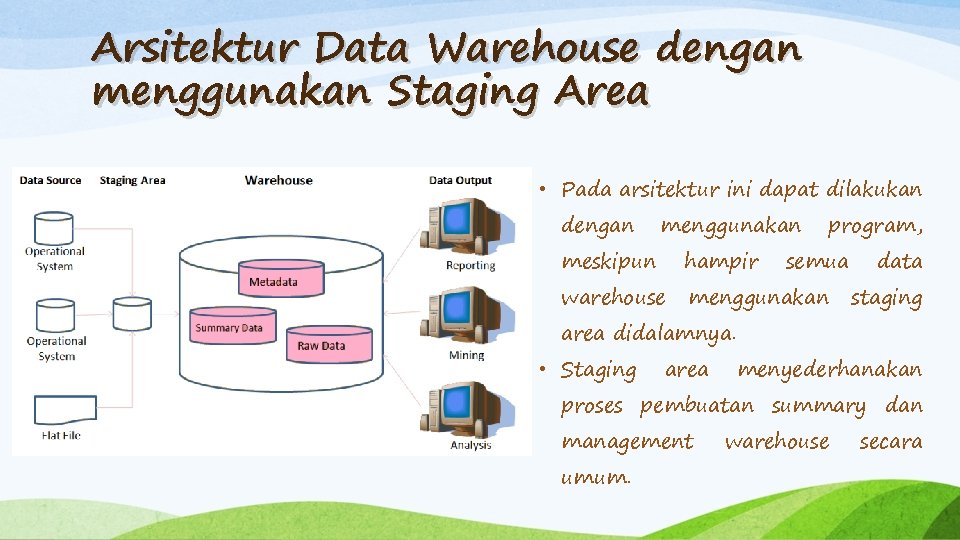 Arsitektur Data Warehouse dengan menggunakan Staging Area • Pada arsitektur ini dapat dilakukan dengan