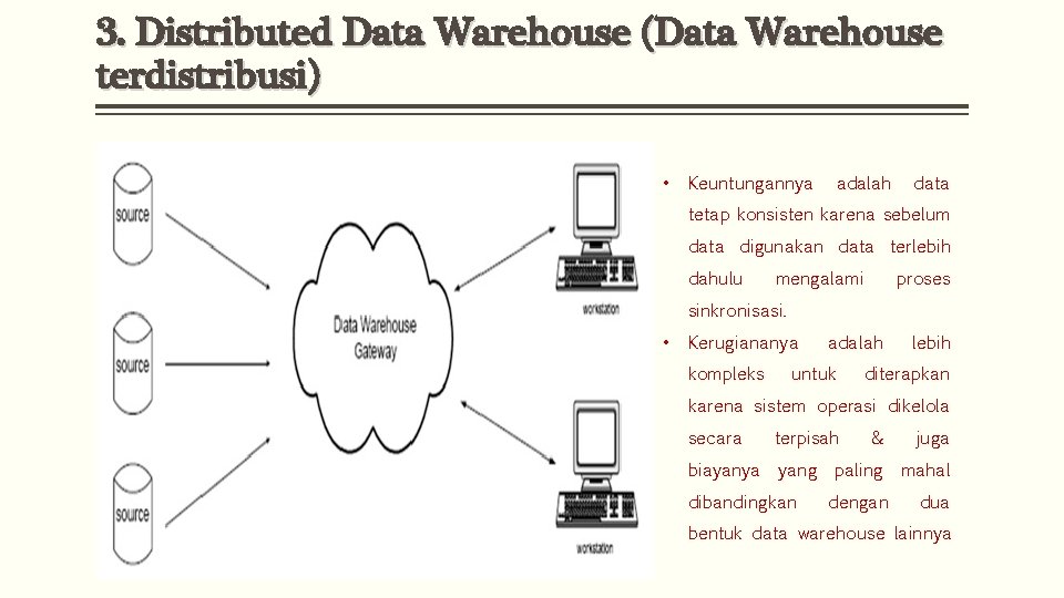 3. Distributed Data Warehouse (Data Warehouse terdistribusi) • Keuntungannya adalah data tetap konsisten karena