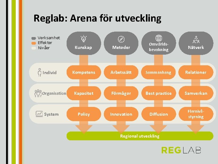 Reglab: Arena för utveckling Verksamhet Effekter Nivåer Individ Organisation System Kunskap Metoder Omvärldsbevakning Nätverk