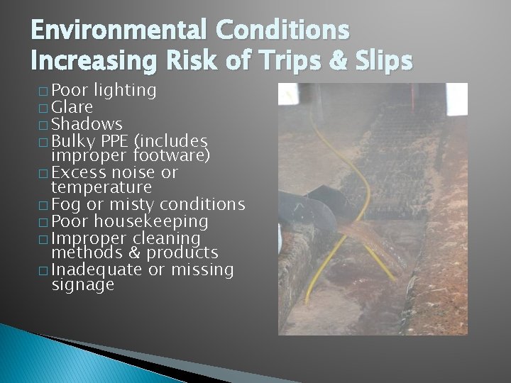 Environmental Conditions Increasing Risk of Trips & Slips � Poor lighting � Glare �