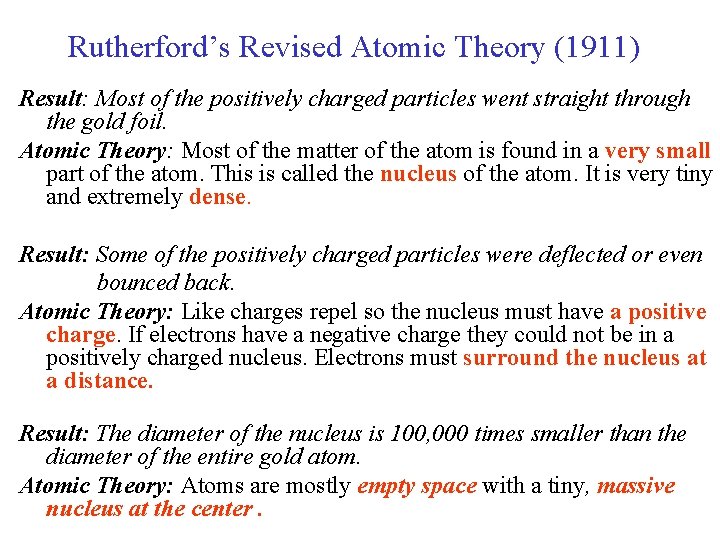 Rutherford’s Revised Atomic Theory (1911) Result: Most of the positively charged particles went straight