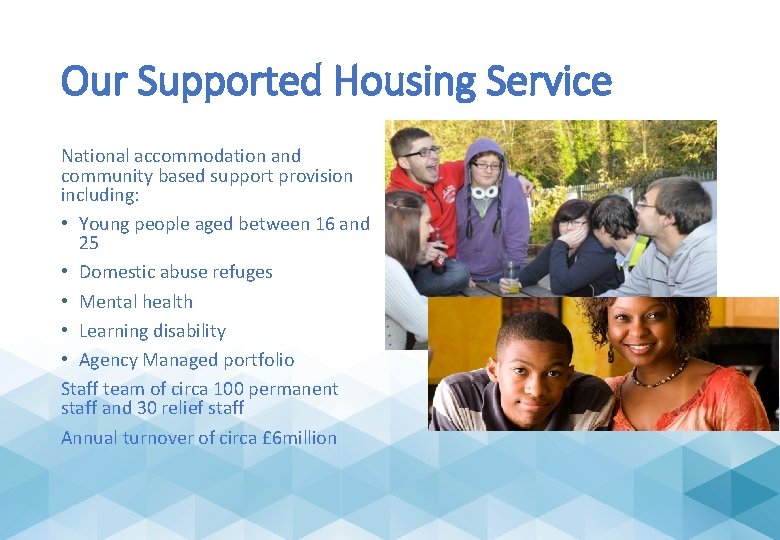 Our Supported Housing Service National accommodation and community based support provision including: • Young