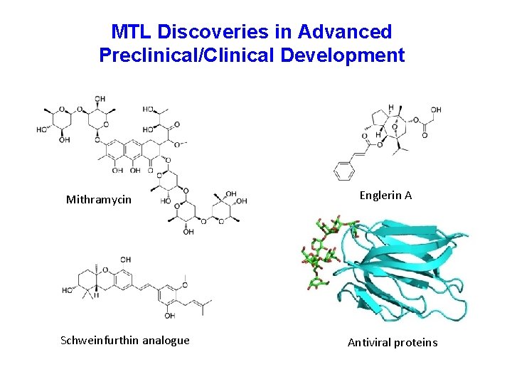 MTL Discoveries in Advanced Preclinical/Clinical Development Mithramycin Schweinfurthin analogue Englerin A Antiviral proteins 
