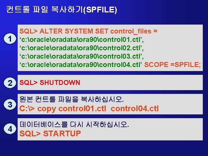 컨트롤 파일 복사하기(SPFILE) 1 SQL> ALTER SYSTEM SET control_files = ‘c: oracleoradataora 90control 01.