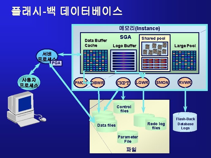 플래시-백 데이터베이스 메모리(Instance) Data Buffer Cache SGA Shared pool Logo Buffer Large Pool 서버