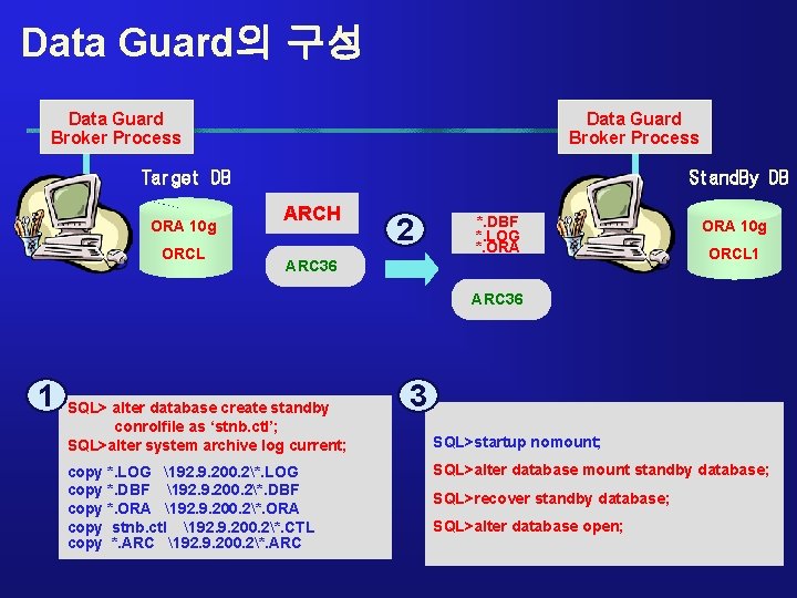 Data Guard의 구성 Data Guard Broker Process Target DB ORA 10 g ORCL Stand.