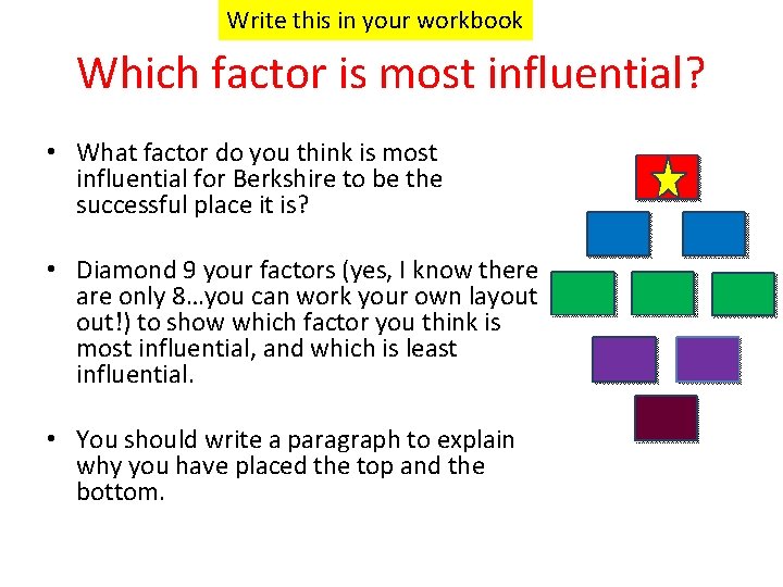 Write this in your workbook Which factor is most influential? • What factor do