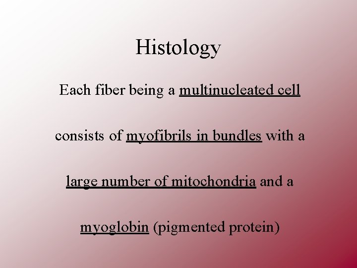 Histology Each fiber being a multinucleated cell consists of myofibrils in bundles with a