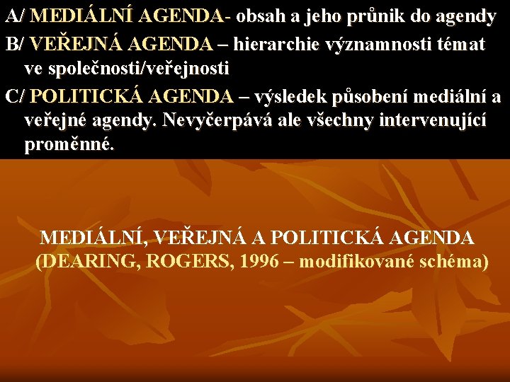 A/ MEDIÁLNÍ AGENDA- obsah a jeho průnik do agendy B/ VEŘEJNÁ AGENDA – hierarchie