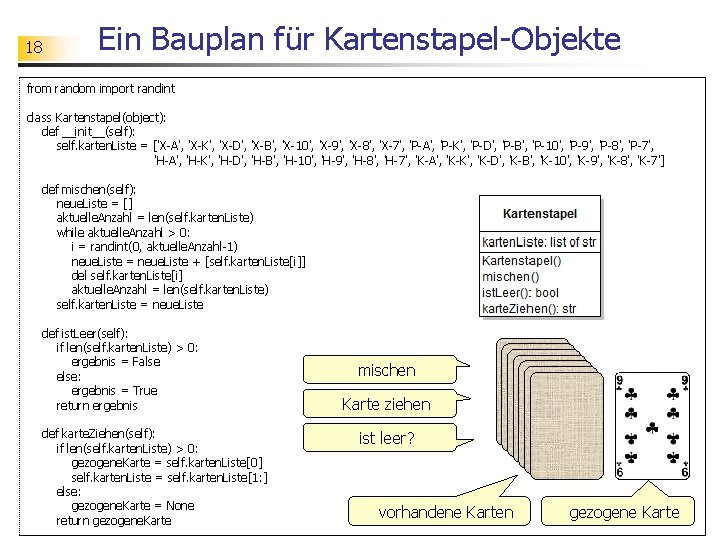 18 Ein Bauplan für Kartenstapel-Objekte from random import randint class Kartenstapel(object): def __init__(self): self.