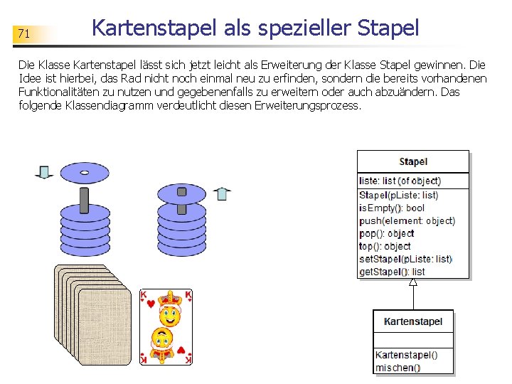 71 Kartenstapel als spezieller Stapel Die Klasse Kartenstapel lässt sich jetzt leicht als Erweiterung