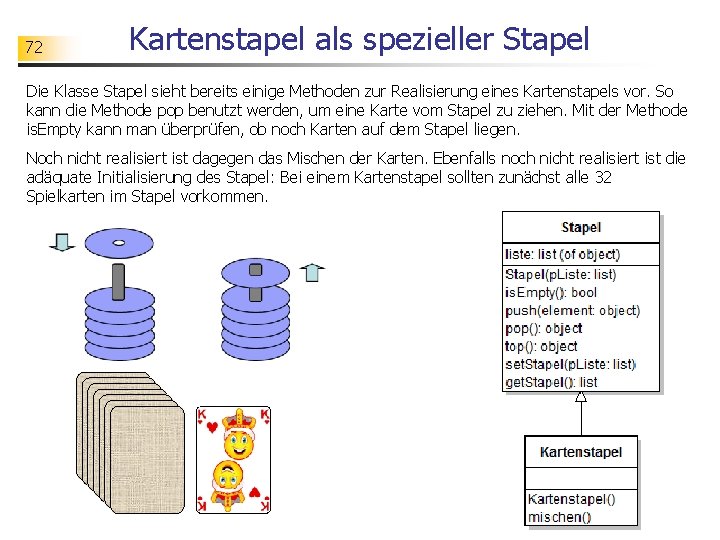 72 Kartenstapel als spezieller Stapel Die Klasse Stapel sieht bereits einige Methoden zur Realisierung