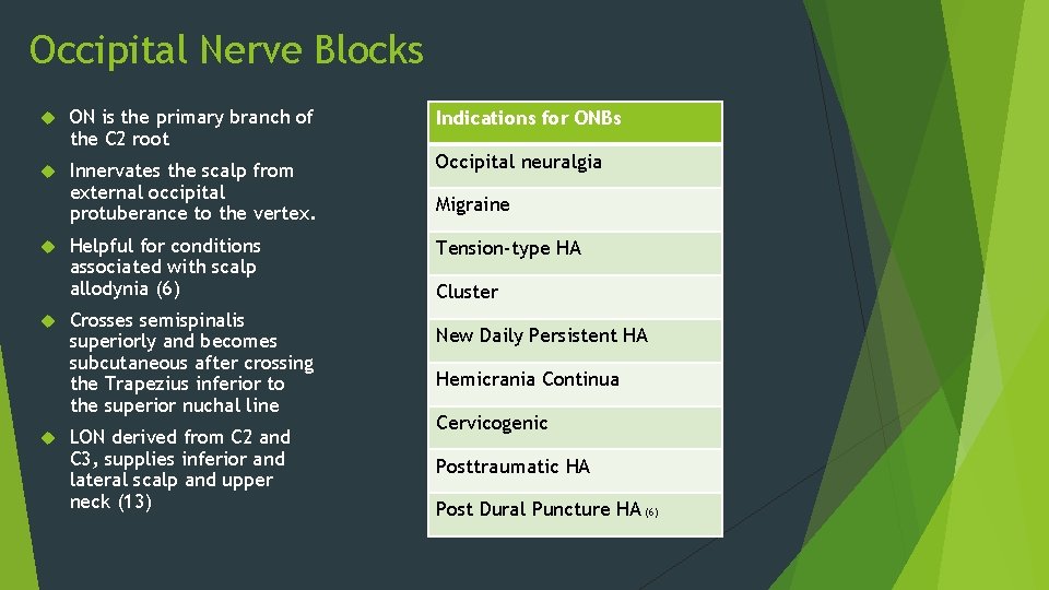 Occipital Nerve Blocks ON is the primary branch of the C 2 root Innervates