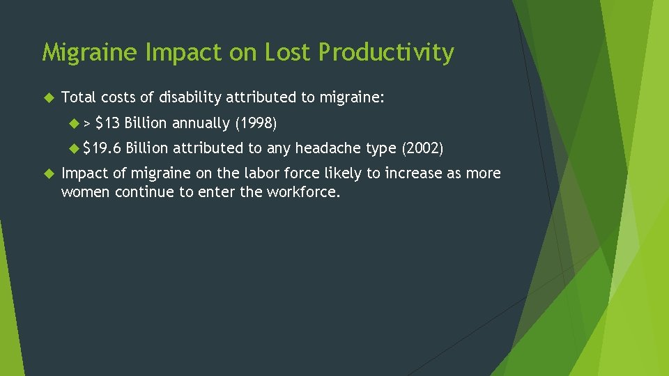 Migraine Impact on Lost Productivity Total costs of disability attributed to migraine: > $13