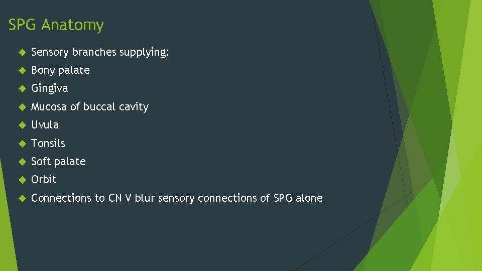 SPG Anatomy Sensory branches supplying: Bony palate Gingiva Mucosa of buccal cavity Uvula Tonsils