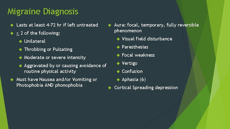Migraine Diagnosis Lasts at least 4 -72 hr if left untreated > 2 of