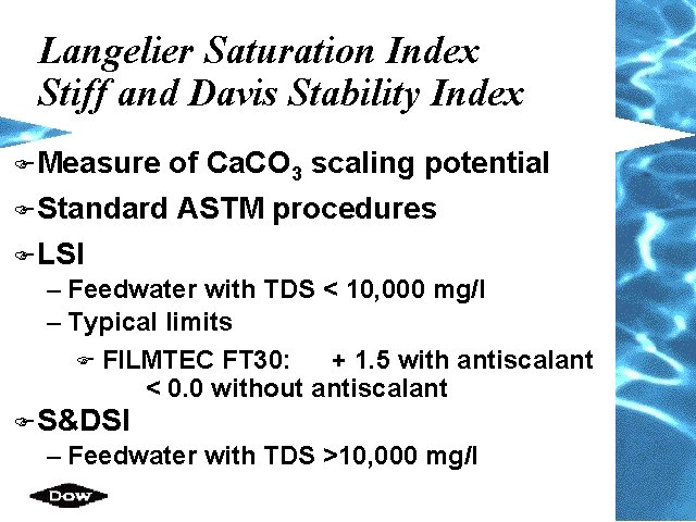 Langelier Saturation Index Stiff and Davis Stability Index F Measure F Standard of Ca.