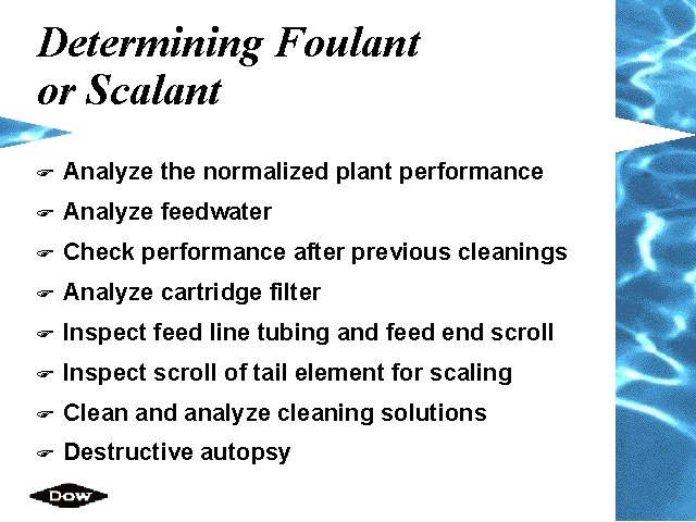 Determining Foulant or Scalant F Analyze the normalized plant performance F Analyze feedwater F