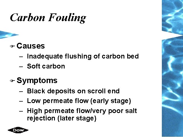 Carbon Fouling F Causes – Inadequate flushing of carbon bed – Soft carbon F Carbon Fouling F Causes – Inadequate flushing of carbon bed – Soft carbon F
