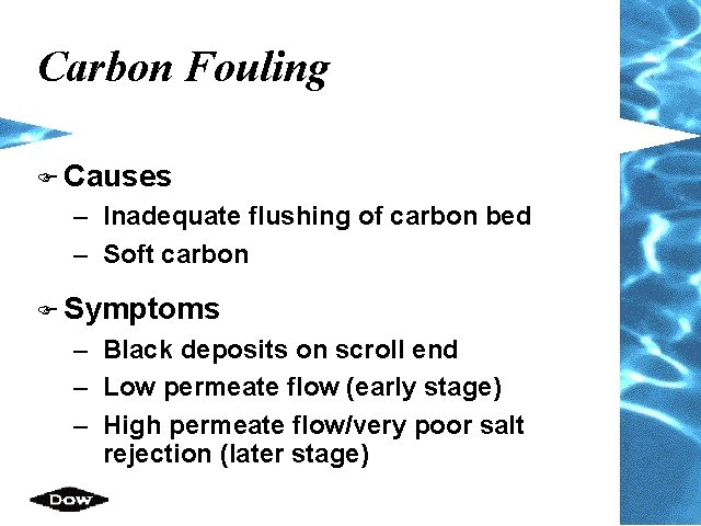 Carbon Fouling F Causes – Inadequate flushing of carbon bed – Soft carbon F