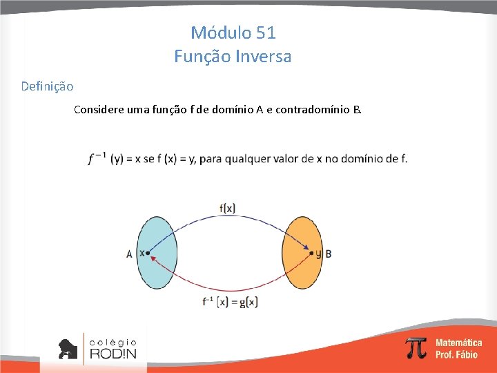 Módulo 51 Função Inversa Definição Considere uma função f de domínio A e contradomínio