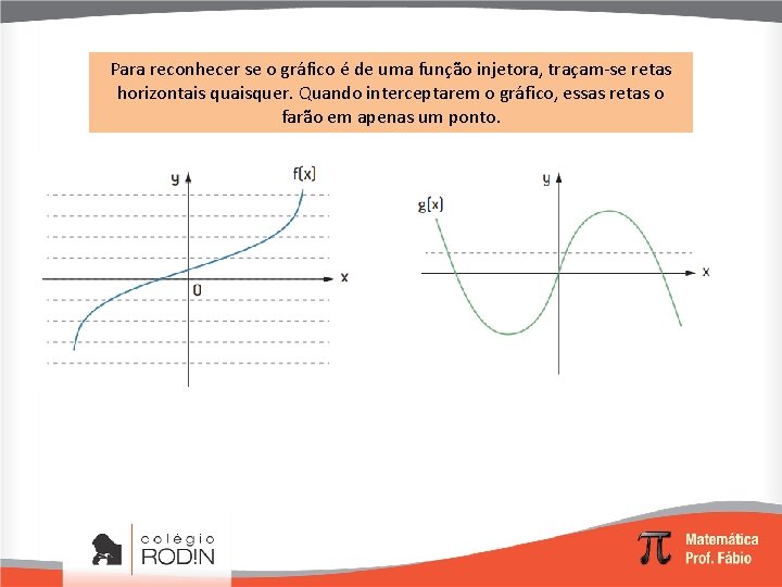 Para reconhecer se o gráfico é de uma função injetora, traçam-se retas horizontais quaisquer.
