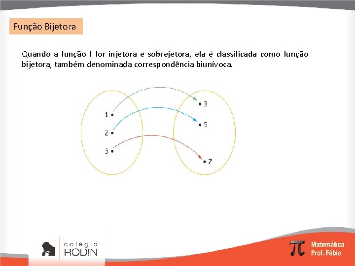 Função Bijetora Quando a função f for injetora e sobrejetora, ela é classificada como