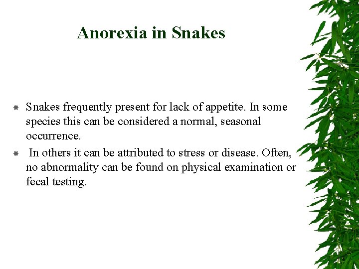 Anorexia in Snakes frequently present for lack of appetite. In some species this can