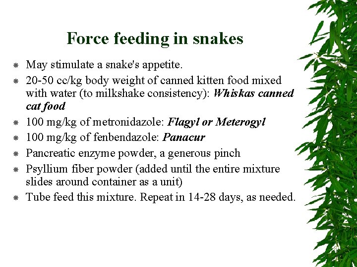 Force feeding in snakes May stimulate a snake's appetite. 20 -50 cc/kg body weight