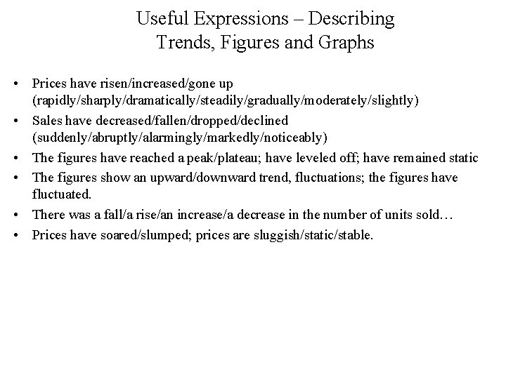 Useful Expressions – Describing Trends, Figures and Graphs • Prices have risen/increased/gone up (rapidly/sharply/dramatically/steadily/gradually/moderately/slightly)