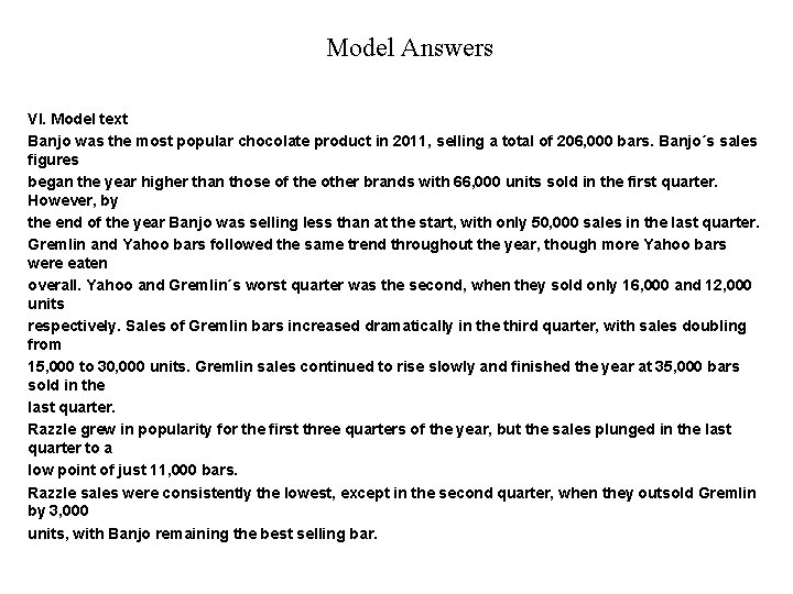 Model Answers VI. Model text Banjo was the most popular chocolate product in 2011,
