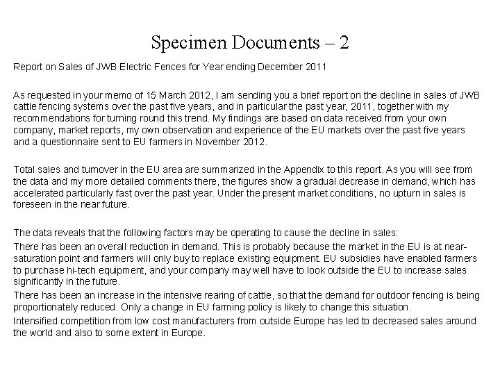 Specimen Documents – 2 Report on Sales of JWB Electric Fences for Year ending